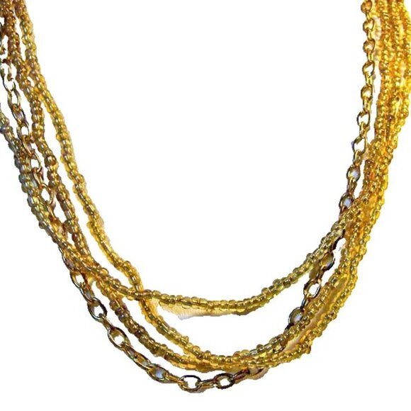 Vintage Gold Tone Multi Strand Necklace Glass Seed Bead Chain Layered 20” - Picture 2 of 5